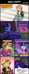 Size: 800x2020 | Tagged: safe, artist:uotapo, derpibooru import, sunset shimmer, twilight sparkle, twilight sparkle (alicorn), equestria girls, bed, blushing, book, comic, cute, dialogue, eyes closed, magic, quill, shimmerbetes, smiling, thought bubble, twiabetes, writing