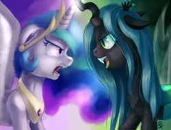 Size: 2626x2000 | Tagged: dead source, safe, artist:cottoncole, derpibooru import, princess celestia, queen chrysalis, alicorn, changeling, changeling queen, angry, fangs, female, growling, nose wrinkle