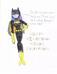 Size: 788x1015 | Tagged: safe, artist:darthwill3, derpibooru import, twilight sparkle, equestria girls, batgirl, batman, boots, clothes, cosplay, costume, gloves, nightmare night, traditional art, voice actor joke