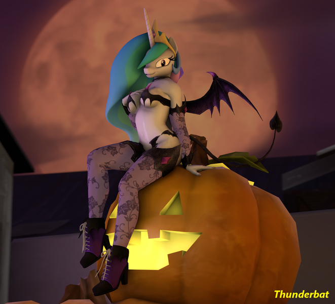 Size: 1190x1080 | Tagged: 2015, 3d, anthro, artist:generalthunderbat, bat, breasts, busty princess celestia, clothes, derpibooru import, female, full moon, halloween, jack-o-lantern, lingerie, looking at you, moon, princess celestia, signature, sitting, solo, solo female, suggestive, theme