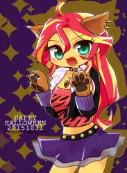 Size: 974x1332 | Tagged: safe, artist:c-minded, derpibooru import, sunset shimmer, werewolf, equestria girls, clawdeen wolf, clothes, costume, crossover, earring, monster high, piercing, solo