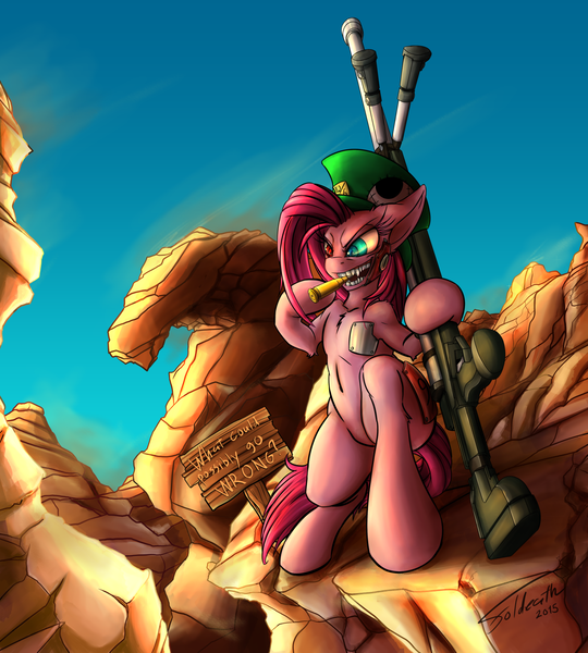 Size: 1600x1778 | Tagged: safe, artist:foldeath, derpibooru import, oc, oc:gunrunner, unofficial characters only, earth pony, pony, fallout equestria, 10/6, belly button, bullet, canyon, female, gun, harkonnen, hat, hooves, mad hatter hat, mare, open mouth, optical sight, rifle, sign, signature, sniper rifle, solo, teeth, text, weapon, what could possibly go wrong