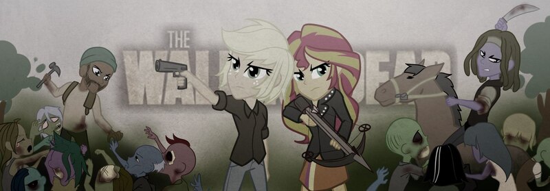 Size: 1280x446 | Tagged: semi-grimdark, artist:ngrycritic, derpibooru import, applejack, sunset shimmer, horse, zombie, equestria girls, amc, blade, blood, clothes, crossbow, crossover, duo, freckles, gun, hammer, leather jacket, pants, skirt, the walking dead, weapon