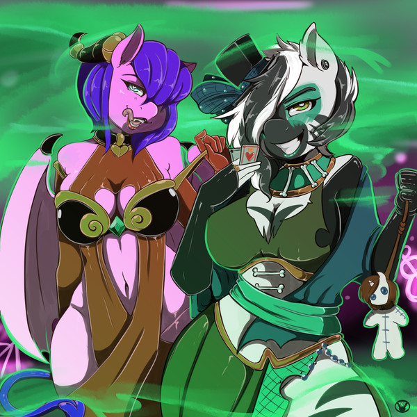 Size: 1200x1200 | Tagged: suggestive, artist:arnachy, derpibooru import, oc, oc:pearl flywright, oc:pyrite, unofficial characters only, anthro, succubus, belly button, big breasts, bone, breasts, cleavage, fangs, female, hair over one eye, halloween, licking, licking lips, looking at you, necklace, tongue out, voodoo, voodoo doll