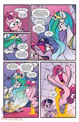 Size: 900x1384 | Tagged: safe, artist:jay fosgitt, derpibooru import, idw, pinkie pie, princess celestia, twilight sparkle, twilight sparkle (alicorn), alicorn, pony, spoiler:comic, spoiler:comicff22, cake, female, mare, preview