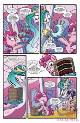 Size: 900x1384 | Tagged: safe, artist:jay fosgitt, derpibooru import, idw, pinkie pie, princess celestia, twilight sparkle, twilight sparkle (alicorn), alicorn, pony, spoiler:comic, spoiler:comicff22, cake, female, mare, preview