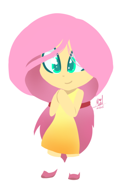 Size: 1024x1617 | Tagged: artist:myralilth, chibi, clothes, derpibooru import, dress, fluttershy, human, humanized, lineless, safe, simple background, solo, transparent background