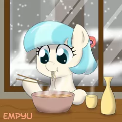 Size: 1000x1000 | Tagged: 30 minute art challenge, artist:empyu, beverage, bowl, chopsticks, cocobetes, coco pommel, cup, cute, derpibooru import, dexterous hooves, eating, how, lunch, ramen, safe, signature, snow, snowfall, solo, steam, table, vase, window