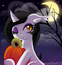 Size: 1600x1686 | Tagged: safe, artist:spookyle, derpibooru import, oc, oc:witchy spell, unofficial characters only, bat pony, bat pony unicorn, pony, moon, night, nightmare night, pumpkin, solo