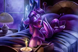 Size: 1500x1000 | Tagged: safe, artist:tsitra360, derpibooru import, nightmare moon, twilight sparkle, twilight sparkle (alicorn), alicorn, pony, adorkable, bed, book, candle, cute, dork, eyes closed, female, horseshoes, lamp, mare, mawshot, night, open mouth, prone, solo focus, tongue out, twiabetes, underhoof, wing hands, yawn
