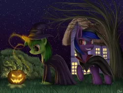 Size: 1600x1200 | Tagged: 2015, artist:luminousdazzle, bush, cape, clothes, costume, derpibooru import, grass, happy nightmare night, hat, house, jack-o-lantern, magic, nightmare night, nightmare night costume, night sky, oc, oc:leaf fire, oc:rhythm frame, red eyes, safe, stars, unofficial characters only, vampire, witch