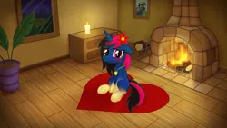 Size: 3164x1780 | Tagged: safe, artist:moemneop, derpibooru import, oc, oc:shiny saphir, unofficial characters only, pony, unicorn, blushing, cute, fireplace, floppy ears, flower, flower in hair, looking at you, necklace, sitting, smiling, solo