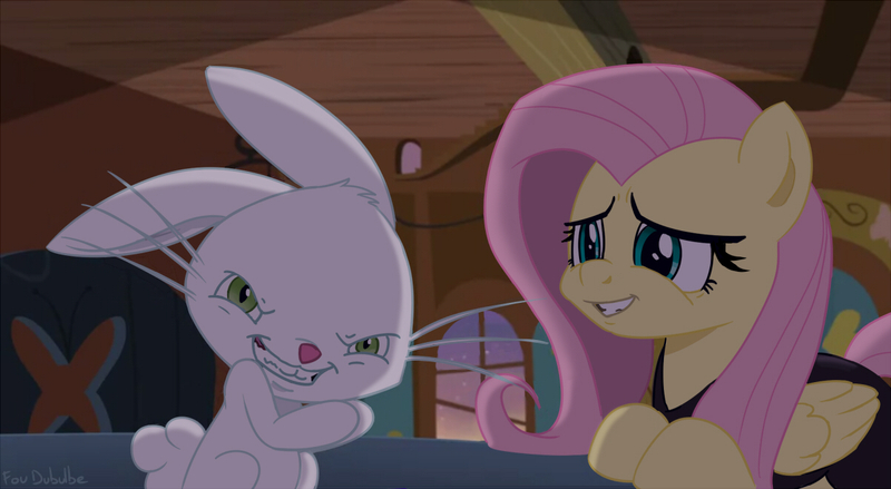 Size: 1200x659 | Tagged: angel bunny, angel is a bunny bastard, artist:foudubulbe, derpibooru import, fluttershy, pure unfiltered evil, safe, scare master, scene interpretation, this will end in tears and/or death