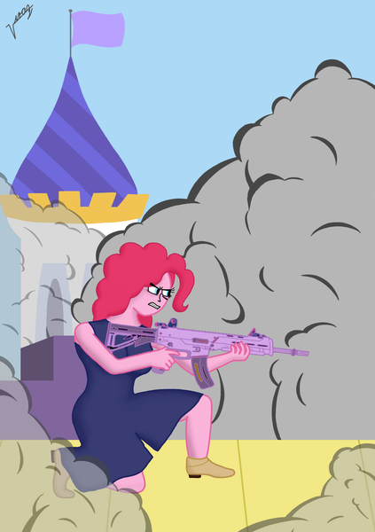 Size: 1200x1704 | Tagged: artist:viraz, assault rifle, bushmaster acr, derpibooru import, human, humanized, magpul masada, pinkie pie, safe, smoke, solo, twigun, wat, weapon