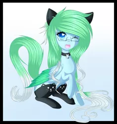 Size: 1024x1085 | Tagged: safe, artist:fluffymaiden, derpibooru import, oc, oc:amaranthine sky, unofficial characters only, cat, pegasus, pony, bell, bell collar, bow, cat socks, catgirl, clothes, collar, costume, female, glasses, heart eyes, one eye closed, piercing, sitting, socks, solo, stockings, wingding eyes, wink