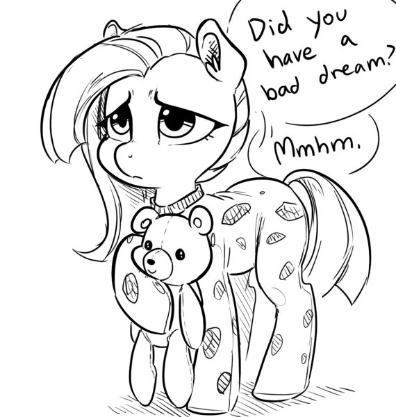 Size: 1304x1373 | Tagged: safe, artist:glacierclear, derpibooru import, marble pie, earth pony, pony, black and white, clothes, cute, dialogue, female, filly, footed sleeper, frown, grayscale, marblebetes, monochrome, pajamas, sad, solo, teddy bear, younger