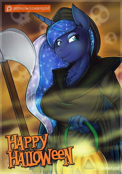 Size: 905x1280 | Tagged: anthro, artist:jcosneverexisted, chest fluff, clothes, costume, death, derpibooru import, halloween, jack-o-lantern, patreon, patreon logo, princess luna, pumpkin bucket, safe, scythe, skull, smiling, solo