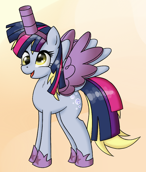 Size: 500x587 | Tagged: safe, artist:deusexequus, derpibooru import, derpy hooves, twilight sparkle, twilight sparkle (alicorn), alicorn, pony, scare master, alicorn costume, clothes, costume, fake horn, fake wings, female, mare, nightmare night costume, solo, toilet paper roll, toilet paper roll horn, twilight muffins, wig