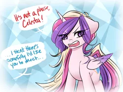 Size: 1280x960 | Tagged: alternate hairstyle, artist:sugarberry, ask-cadance, colored wings, colored wingtips, derpibooru import, dialogue, floppy ears, implied princess celestia, long hair, offscreen character, princess cadance, safe, solo, speech bubble