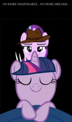 Size: 470x788 | Tagged: a nightmare on elm street, bedsheets, claws, derpibooru import, fedora, freddy krueger, hat, implied murder, semi-grimdark, sleeping, smug, smuglight glimmer, starlight glimmer, this will end in death, twilight sparkle, you can't have a nightmare if you never dream