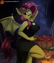 Size: 1744x2000 | Tagged: suggestive, artist:xenstroke, derpibooru import, fluttershy, anthro, bat pony, vampire, scare master, apple, arm behind head, armpits, boob window, breasts, busty fluttershy, cleavage, clothes, costume, dock, dress, female, flutterbat, jack-o-lantern, nightmare night, nightmare night costume, patreon, patreon logo, pumpkin, solo, solo female, spider web, tongue out