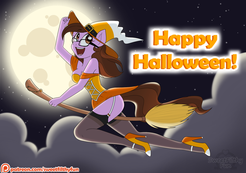 Size: 1400x988 | Tagged: anthro, artist:sweetfilthyfun, breasts, broom, cleavage, clothes, costume, derpibooru import, female, flying, flying broomstick, halloween, hat, high heels, moon, oc, oc:ivy rose, patreon, patreon logo, pinup, safe, socks, solo, stockings, thigh highs, unofficial characters only, witch, witch hat