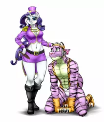 Size: 700x821 | Tagged: suggestive, artist:pia-sama, derpibooru import, rarity, spike, anthro, big cat, plantigrade anthro, tiger, comic:rogue diamond, belly button, clothes, costume, female, femdom, male, malesub, midriff, older, older spike, pet play, raridom, roleplaying, sgt. rarity, shipping, sparity, straight, submissive, tiger tamer