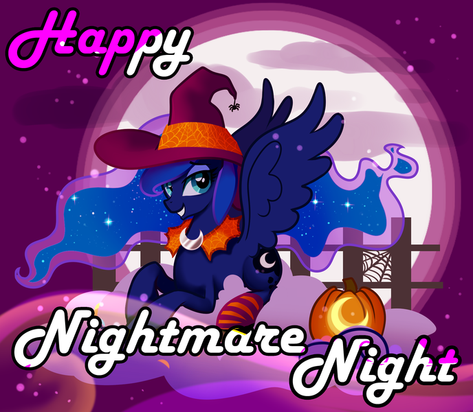 Size: 1721x1501 | Tagged: artist:lulukana, clothes, costume, derpibooru import, hat, jack-o-lantern, nightmare night, nightmare night costume, princess luna, pumpkin, safe, socks, solo, spider, spider web, striped socks, witch hat