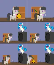 Size: 1000x1200 | Tagged: artist:totallynotabronyfim, bass cannon, book, bookcase, comic, derpibooru import, octavia melody, pointy ponies, record, safe, speaker, vinyl scratch