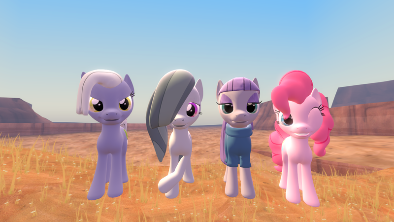 Size: 1280x720 | Tagged: 3d, artist:fullmoonrose7, derpibooru import, gmod, limestone pie, looking at you, marble pie, maud pie, pie sisters, pinkie pie, safe, smiling, wink