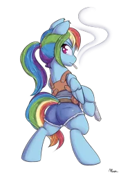 Size: 1225x1750 | Tagged: safe, artist:alasou, deleted from derpibooru, derpibooru import, rainbow dash, pegasus, pony, semi-anthro, alternate hairstyle, badass, bipedal, black lagoon, cigarette, clothes, commission, cosplay, costume, female, gun, hoof hold, looking at you, looking back, mare, pistol, ponytail, revy, revy dash, shorts, signature, simple background, smoking, solo, transparent background, weapon