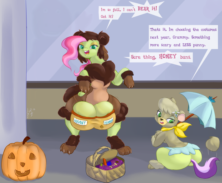 Size: 1280x1060 | Tagged: suggestive, artist:hell ray, derpibooru import, oc, oc:saggitha slap, oc:zippy doo, unofficial characters only, bear, earth pony, pony, ass, bedroom eyes, bra, bucktooth, candy, cindy bear, clothes, costume, crotch cleavage, crotchboobs, crotchbra, fangs, female, females only, flabby chest, freckles, impossibly large crotchboobs, indoors, picnic basket, pumpkin, pun, scarf, skirt, the ass was fat, tight clothing, umbrella, underwear, when you see it, wide hips, winnie the pooh, yogi bear