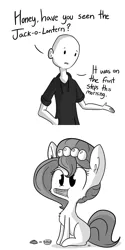 Size: 806x1612 | Tagged: safe, artist:tjpones, derpibooru import, oc, oc:brownie bun, oc:richard, unofficial characters only, earth pony, human, pony, horse wife, chest fluff, clothes, comic, cute, ear fluff, eating, grayscale, herbivore, hoodie, horses doing horse things, jack-o-lantern, monochrome, nom, ocbetes, pumpkin, sitting, tumblr