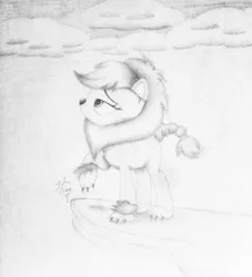 Size: 768x846 | Tagged: applejack, applelion, artist:theasce, clothes, costume, derpibooru import, monochrome, nightmare night, safe, scare master, solo, traditional art