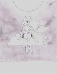 Size: 2478x3228 | Tagged: anthro, artist:airship-king, barefoot, buttober, cloud, derpibooru import, feet, female, looking at you, looking back, monochrome, moon, moonbutt, plantigrade anthro, plot, princess luna, solo, solo female, suggestive, traditional art