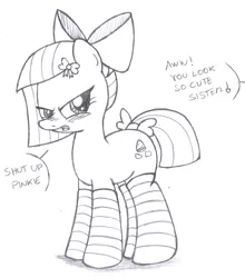 Size: 2200x2500 | Tagged: safe, artist:an-tonio, derpibooru import, limestone pie, earth pony, pony, angry, blushing, bow, clothes, cute, dialogue, embarrassed, female, hair bow, implied pinkie pie, limabetes, limetsun pie, mare, monochrome, open mouth, ribbon, socks, solo, striped socks, tail bow, traditional art, tsundere