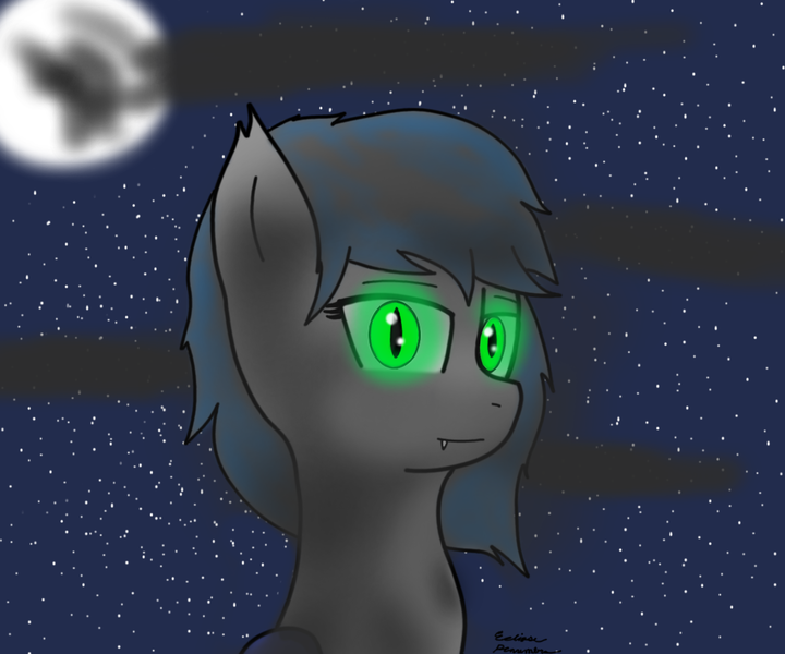 Size: 1200x1000 | Tagged: safe, artist:eclipsepenumbra, derpibooru import, oc, oc:eclipse penumbra, unofficial characters only, bat pony, pony, fangs, female, glowing eyes, green eyes, looking at you, moon, night, night sky, smiling