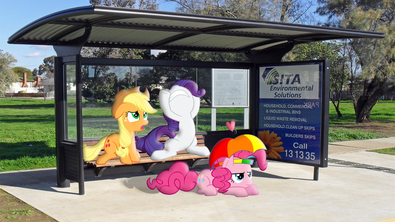 Size: 1920x1080 | Tagged: applejack, artist:ebontopaz, artist:junkiesnewb, artist:mr-kennedy92, artist:shelmo69, bench, bus stop, derpibooru import, irl, photo, pinkie pie, ponies in real life, rarity, safe, shadow, vector