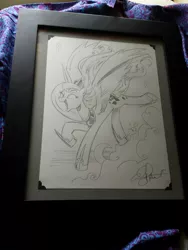 Size: 960x1280 | Tagged: artist:andypriceart, black and white, derpibooru import, eyes closed, framed picture, grayscale, laughing, moon, photo, princess luna, safe, sketch, solo