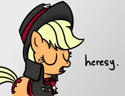 Size: 758x584 | Tagged: safe, artist:miketheuser, derpibooru import, edit, editor:closed bracket, applejack, pony, clothes, colored, crossover, dialogue, eyes closed, female, gray background, hat, heresy, imperium, inquisition, inquisitor, mare, open mouth, reaction image, simple background, warhammer (game), warhammer 40k