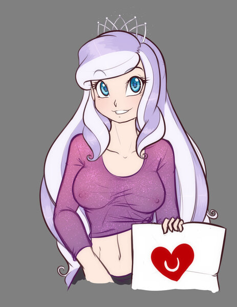 Size: 1260x1633 | Tagged: questionable, artist:scorpdk, derpibooru import, diamond tiara, human, belly button, breasts, busty diamond tiara, clothes, erect nipples, female, grin, heart, heart eyes, humanized, looking at you, midriff, nipples, nudity, older, older diamond tiara, see-through, short shirt, sign, smiling, solo, solo female, wingding eyes
