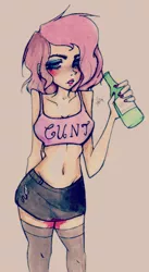 Size: 314x575 | Tagged: alcohol, artist:gwen2ly, belly button, blood, blushing, breasts, busty pinkie pie, clothes, derpibooru import, drunk, drunkie pie, female, human, humanized, liquor, menstrual blood, menstruation, midriff, .mov, party.mov, pinkie pie, skirt, solo, solo female, suggestive, tanktop, vulgar