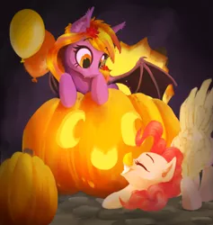 Size: 1024x1079 | Tagged: safe, artist:wilhelmgottfried, derpibooru import, pinkie pie, oc, bat pony, pony, balloon, chicken suit, halloween, jack-o-lantern, nightmare night, pumpkin