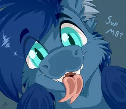 Size: 1280x1112 | Tagged: dead source, safe, artist:colarix, derpibooru import, oc, oc:johan, unofficial characters only, bat pony, pony, cute, licking, male, open mouth, screen lick, stallion, tongue out, underhoof