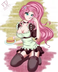 Size: 1636x2048 | Tagged: artist:fluffydus, breasts, cake, cleavage, clothes, derpibooru import, female, fluttershy, human, humanized, kneeling, maid, missing shoes, :o, solo, stockings, suggestive