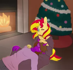 Size: 3977x3840 | Tagged: safe, artist:somescrub, derpibooru import, sunset shimmer, oc, oc:sage archer, anthro, unicorn, canon x oc, christmas, christmas lights, christmas tree, commission, couple, fire, fireplace, shipping, tinsel, tree