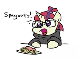 Size: 541x418 | Tagged: safe, artist:jargon scott, derpibooru import, moondancer, pony, unicorn, clothes, cute, dancerbetes, dialogue, female, glasses, open mouth, simple background, solo, spaghetti, spagoots, speech, white background