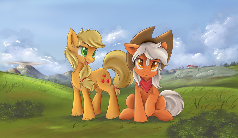 Size: 7500x4342 | Tagged: safe, artist:ardail, derpibooru import, applejack, ponified, earth pony, pony, absurd resolution, accessory swap, bandana, crossover, cute, death mountain, epona, female, freckles, grass, hyrule field, lon lon ranch, looking up, mare, nintendo, open mouth, raised hoof, sitting, sky, the legend of zelda, the legend of zelda: ocarina of time