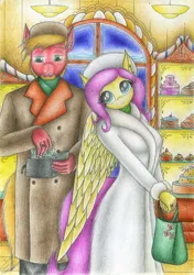 Size: 1228x1747 | Tagged: safe, artist:sinaherib, derpibooru import, big macintosh, fluttershy, anthro, bakery, beard, breasts, clothes, coat, cute, dollars, female, fluttermac, male, shipping, shopping, shyabetes, straight, traditional art, wallet, winter