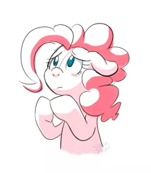 Size: 849x972 | Tagged: safe, artist:saber-panda, derpibooru import, pinkie pie, earth pony, pony, bust, floppy ears, hooves together, looking up, pleading, portrait, sad, solo